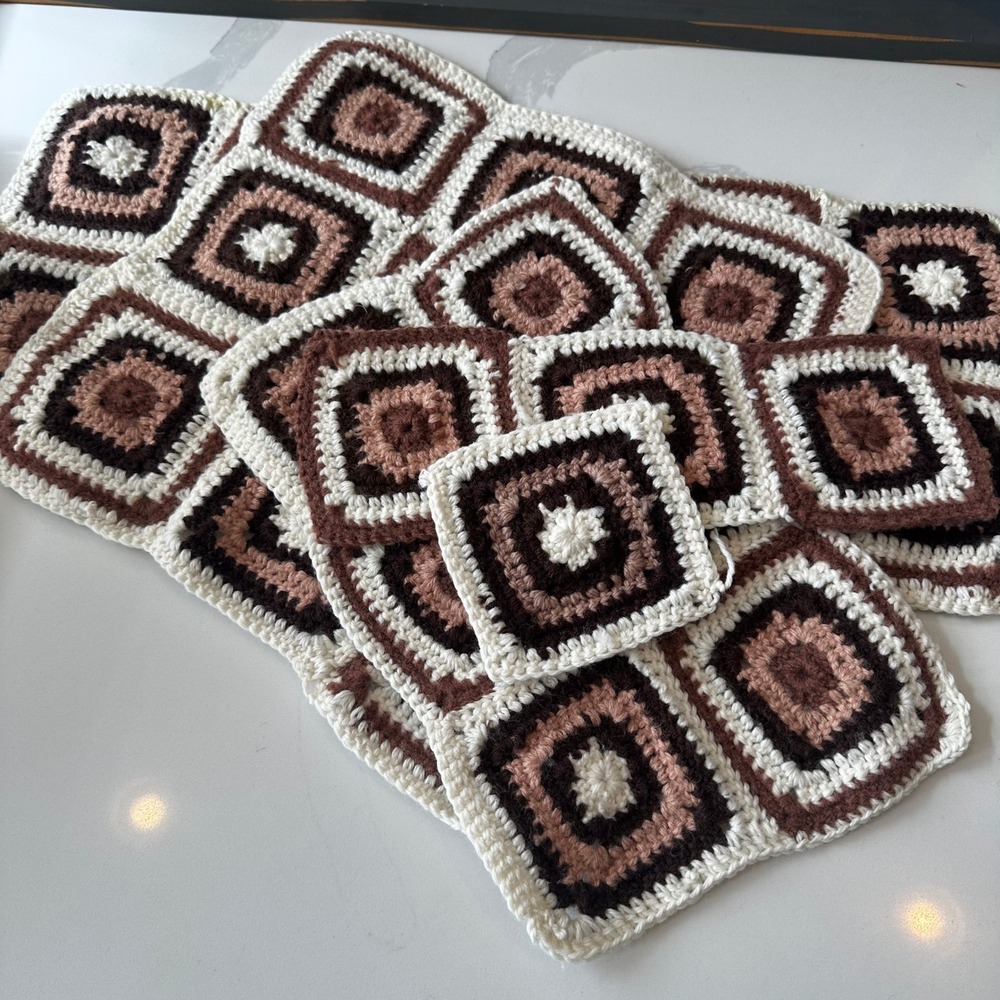 Handmade Crochet Granny Squares Earth Tones Brown Cream DIY Blanket Lot 29pc